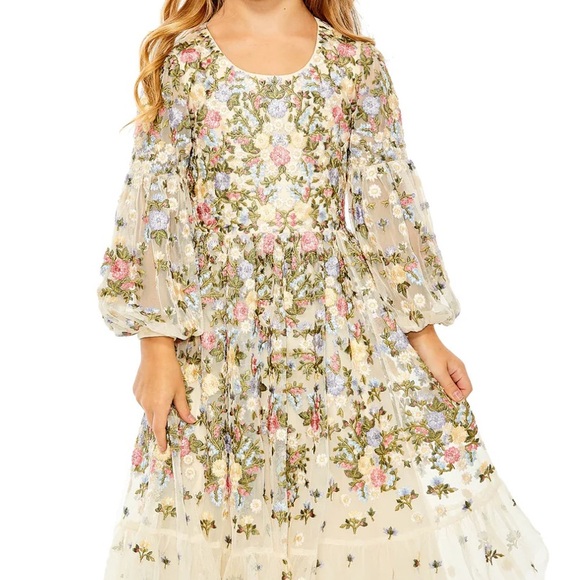 Mac Duggal Floral Kids Dress with Sheer Sleeves Style 35153